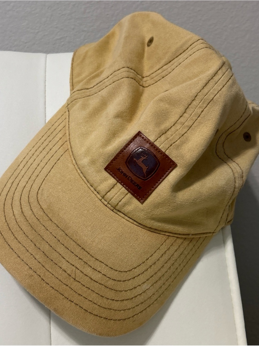 John Deere Tan and Brown Leather Logo Cap